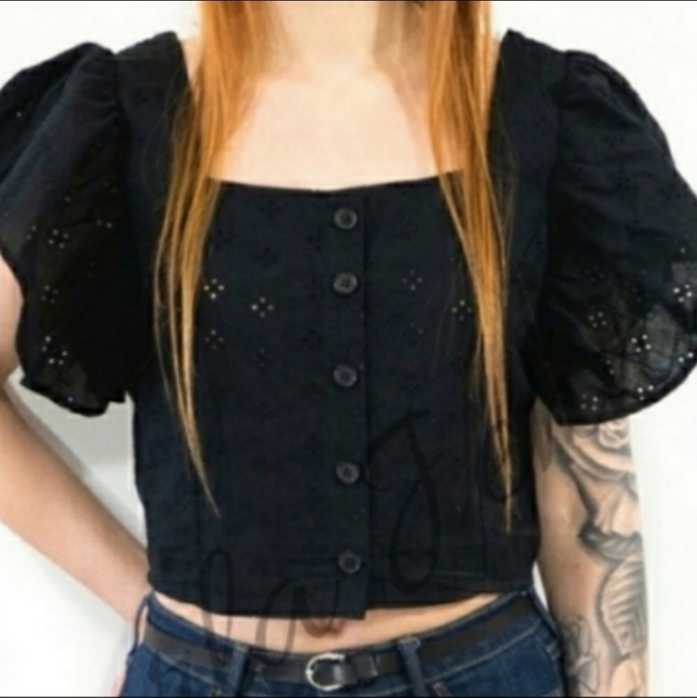 Black Ruffle Sleeve Crop Top with eyelet details,